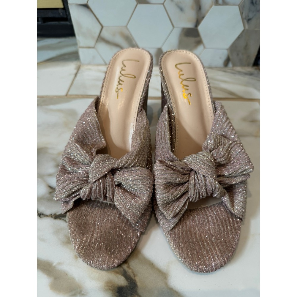 Lulus Heeled Mules Womens 9 Rose Gold Shimmer Pleated Bow Knot Block Heel - Picture 2 of 7